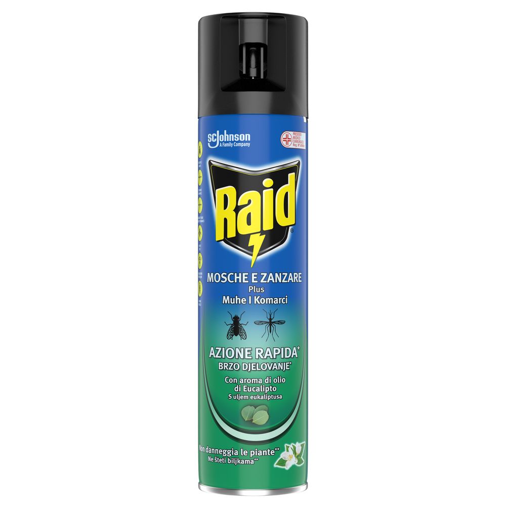 Raid Mosche e Zanzare Spray Eucalipto, Azione Rapida contro Zanzare Comuni e Tigre, 400 ml