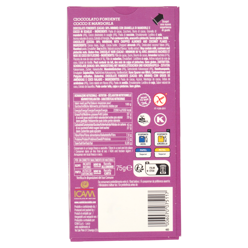 Vanini Tasting Experience Cioccolato Fondente Cocco e Mandorla 75 g