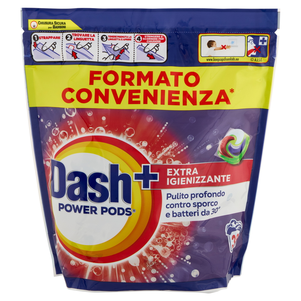 Dash Power Pods Detersivo Lavatrice In Capsule, Azione Extra-Igienizzante, 38 Lavaggi 885,4 g
