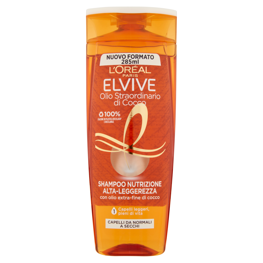 L'Or&eacute;al Paris Shampoo Elvive Olio Straordinario Cocco, Per Capelli da Normali a Secchi, 285 ml