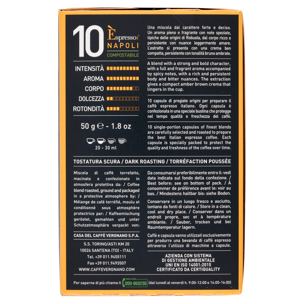 Caff&egrave; Vergnano 1882 &Egrave;spresso1882 Napoli Compostabile** Capsule Compatibili Nespresso* 10 x 5 g