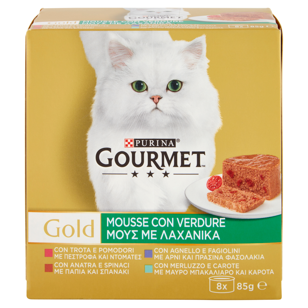 PURINA GOURMET Gold Mousse Verdure Trota&Pom/Anatra&Spinaci/Agnello&Fagiolini/Merluzzo&Carote 8x85g