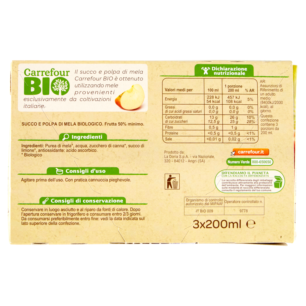 Carrefour Bio Succo e Polpa di Mela 3 x 200 ml