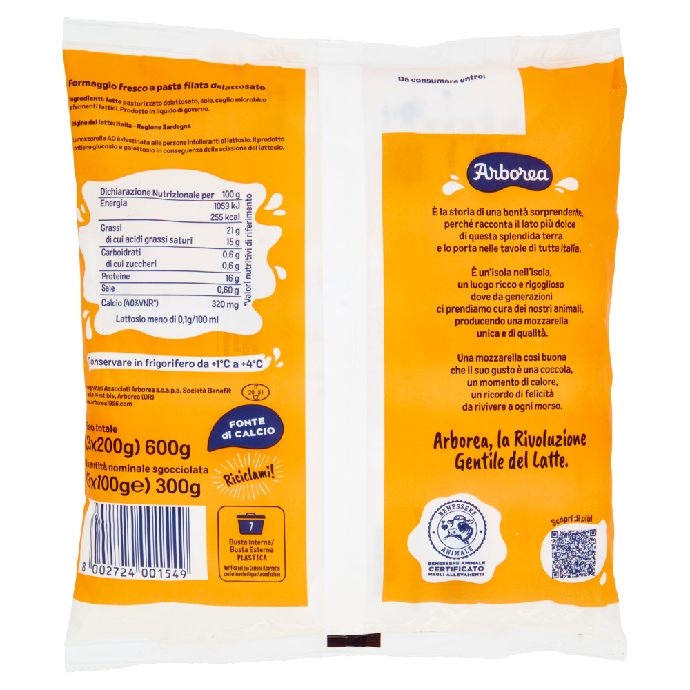 Arborea Ad Mozzarella ad Alta Digeribilit&agrave; Senza Lattosio 3 x 100 g