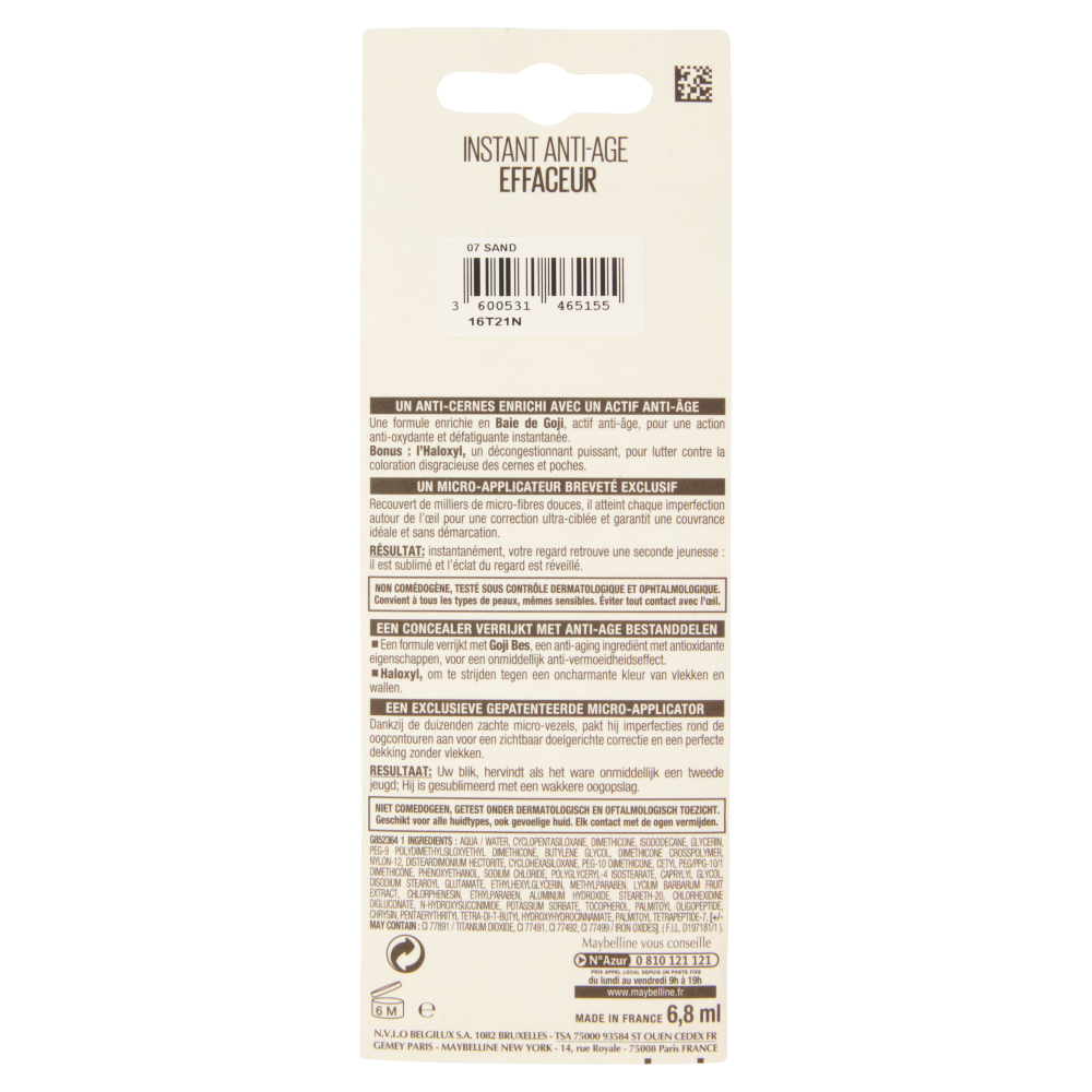Maybelline New York Correttore Liquido Il Cancella Et&agrave;, Copre Occhiaie e Piccole Rughe, 07 Sand