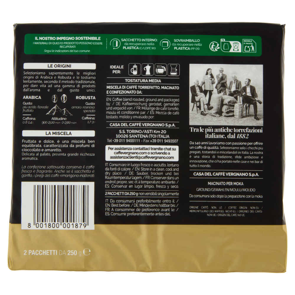 Caffè Vergnano 1882 Anticabottega Miscela Oro Macinatura Moka 2 x 250 g