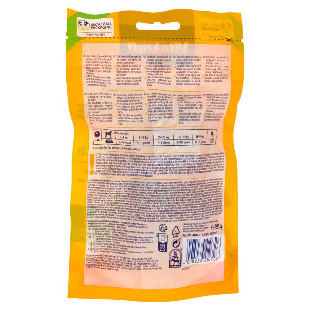 Vitakraft pure Chicken + Veggie Duo Spinach Spinaci e bastoncini di pollo 80 g