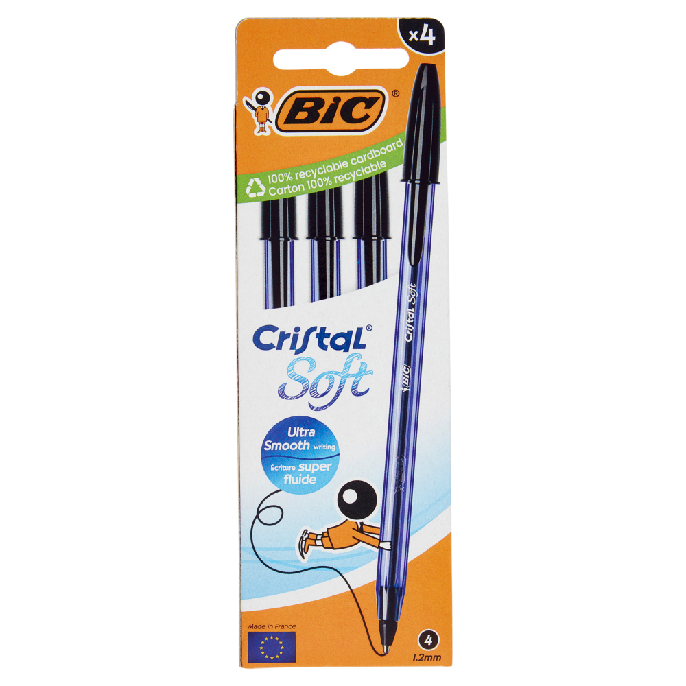 Bic Cristal Soft, Penne a Sfera Nere, 4 pezzi
