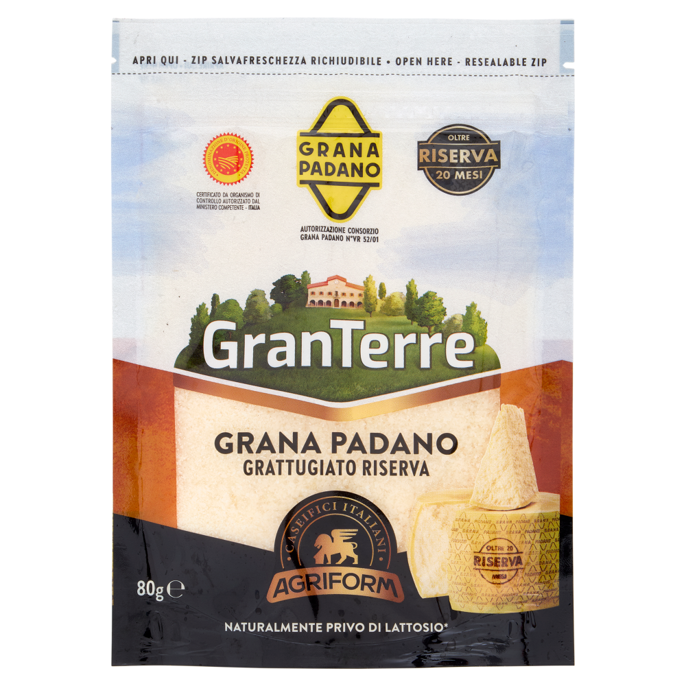 GranTerre Grana Padano DOP Grattugiato Riserva Oltre 20 Mesi 80 g
