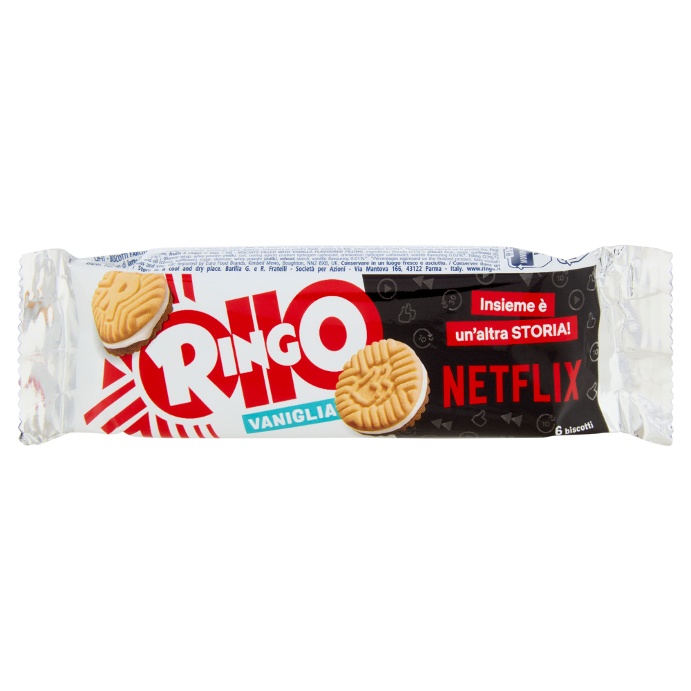 Ringo Vaniglia Biscotti Farciti con Crema Vaniglia Snack Merenda 1 porz.55g Limited edition Netflixf