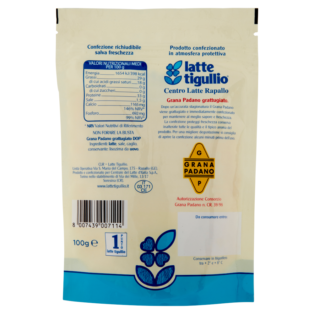latte tigullio Grana Padano DOP grattugiato fresco 100 g