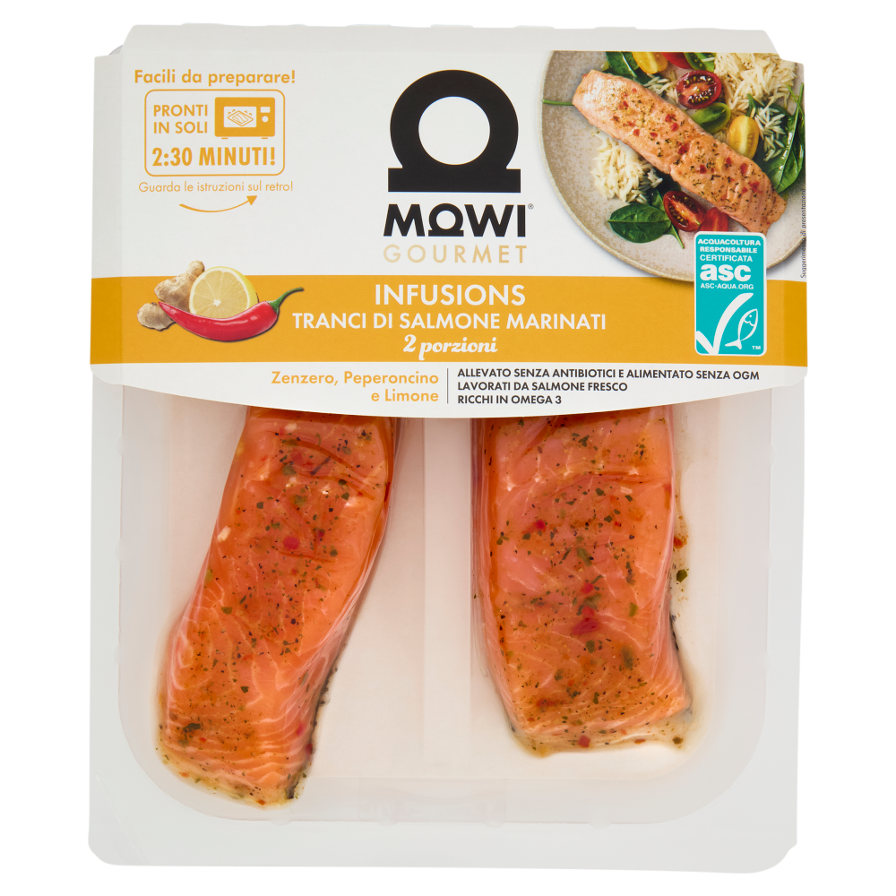 Mowi Gourmet Infusions Tranci di Salmone Marinati Zenzero, Peperoncino e Limone 2 x 110 g