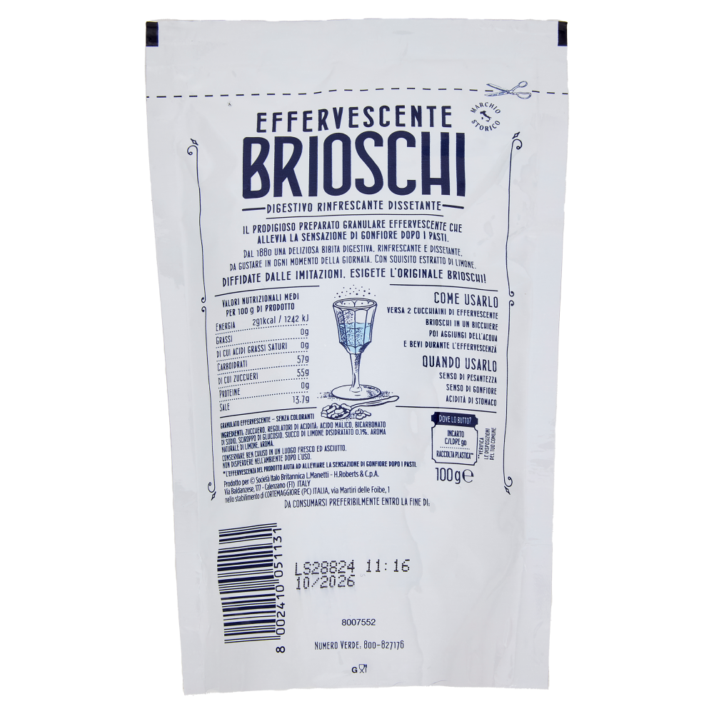 Brioschi Effervescente Digestivo Rinfrescante Dissetante con Squisito Estratto di Limone 100 g