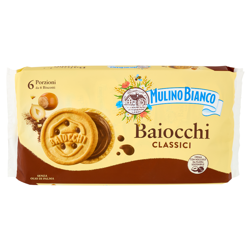 Mulino Bianco Baiocchi Biscotti Snack Farciti con Crema alla Nocciola e Cacao 336g