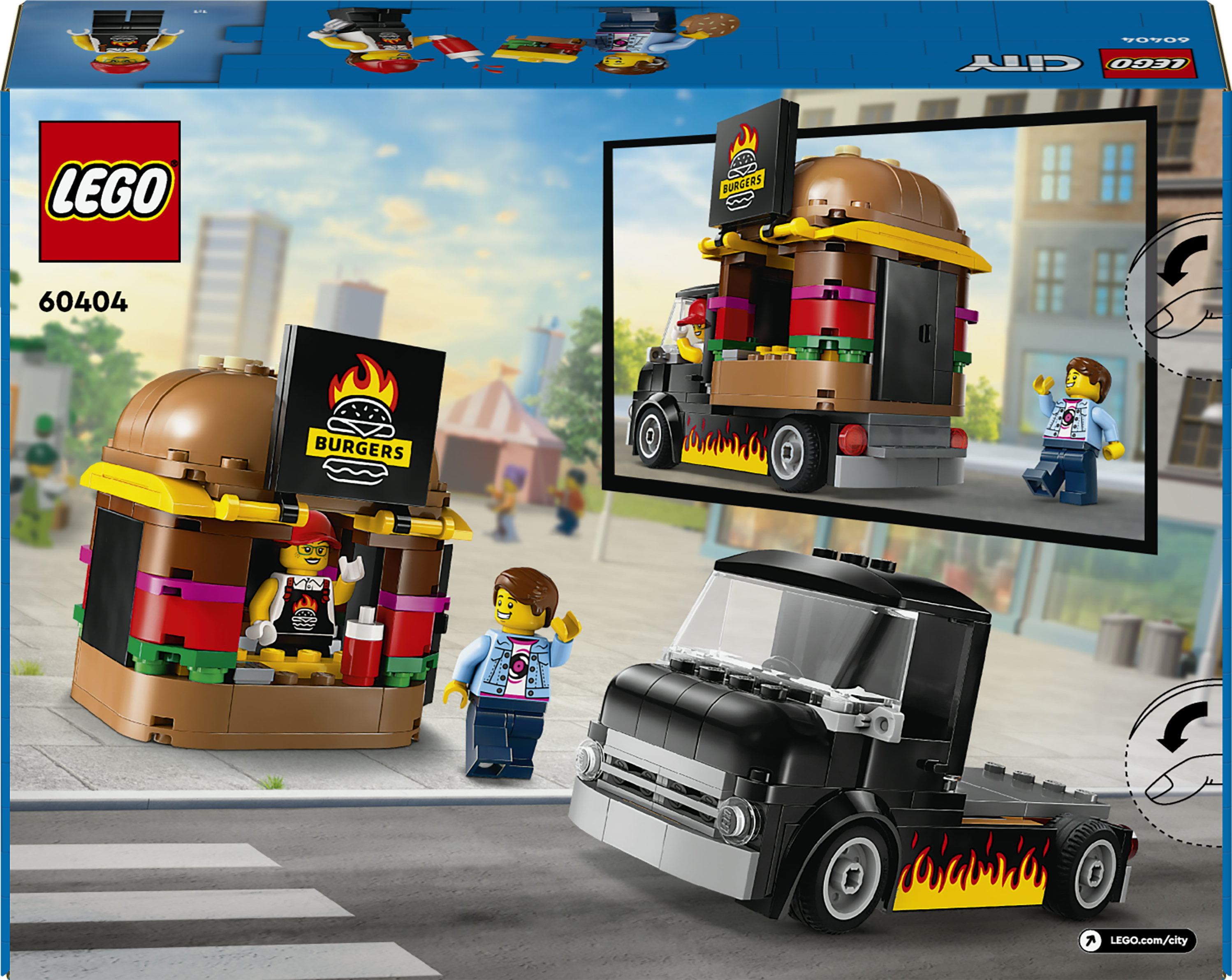 LEGO City 60404 Furgone degli Hamburger Giocattolo, Veicolo per Bambini da 5+, Camion Food Truck con Accessori e 2 Minifigure