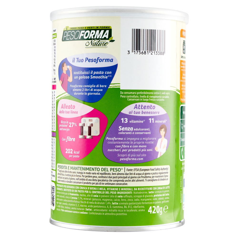 Pesoforma Nature Smoothie gusto Avena e Mela, sostitutivo del pasto, 202 kcal a pasto, 420g