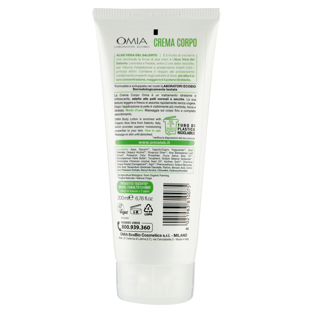 Omia Laboratori Ecobio Crema Corpo Idratante Rinfrescante aloe vera 200 ml