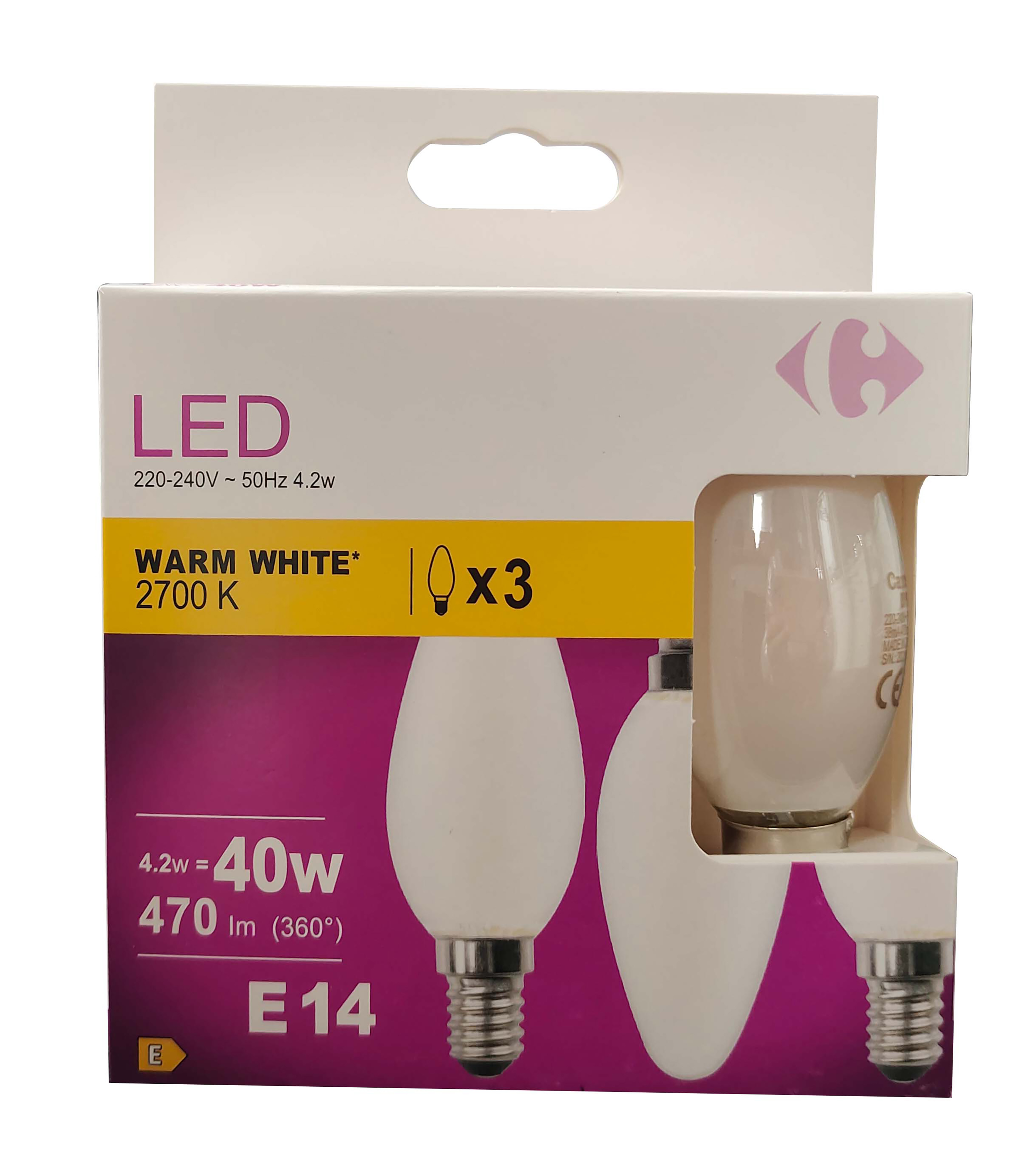 Carrefour 3 led candela 40W, attacco E14, luce calda