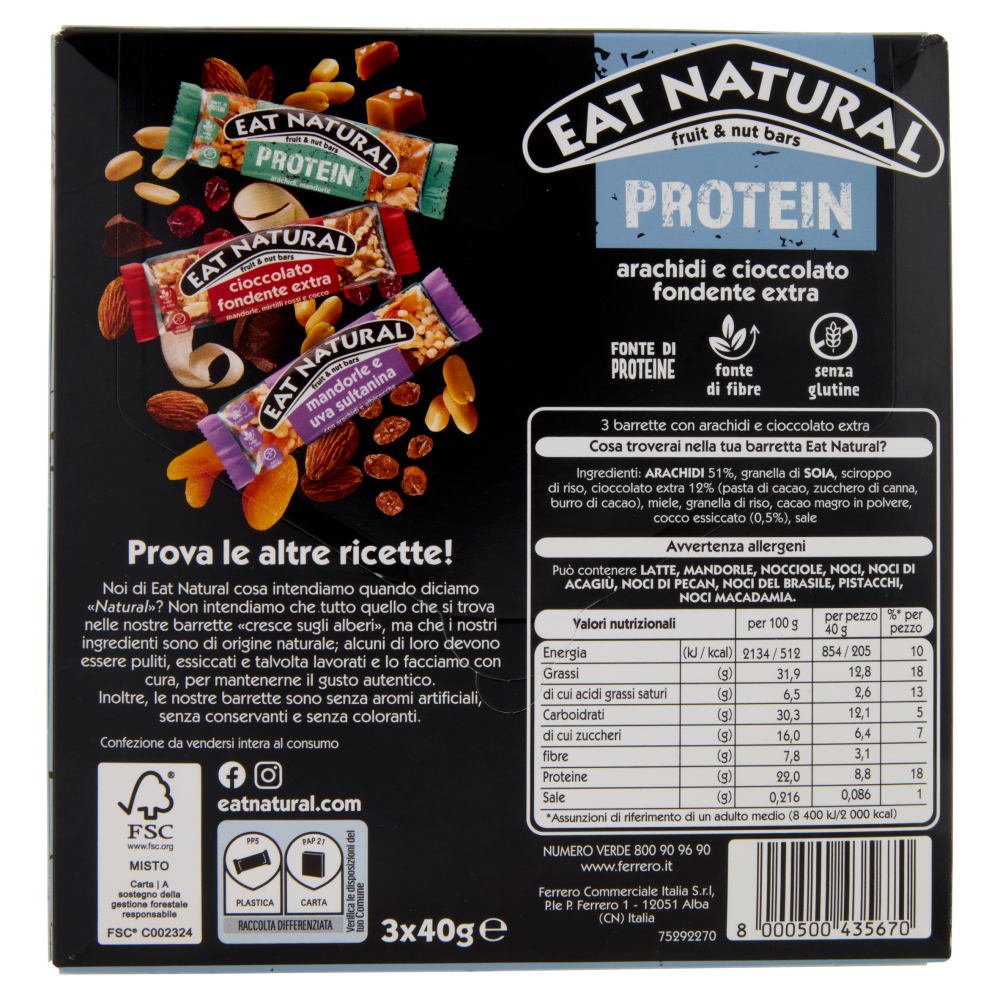 Eat Natural Protein arachidi e cioccolato fondente extra 3 x 40 g