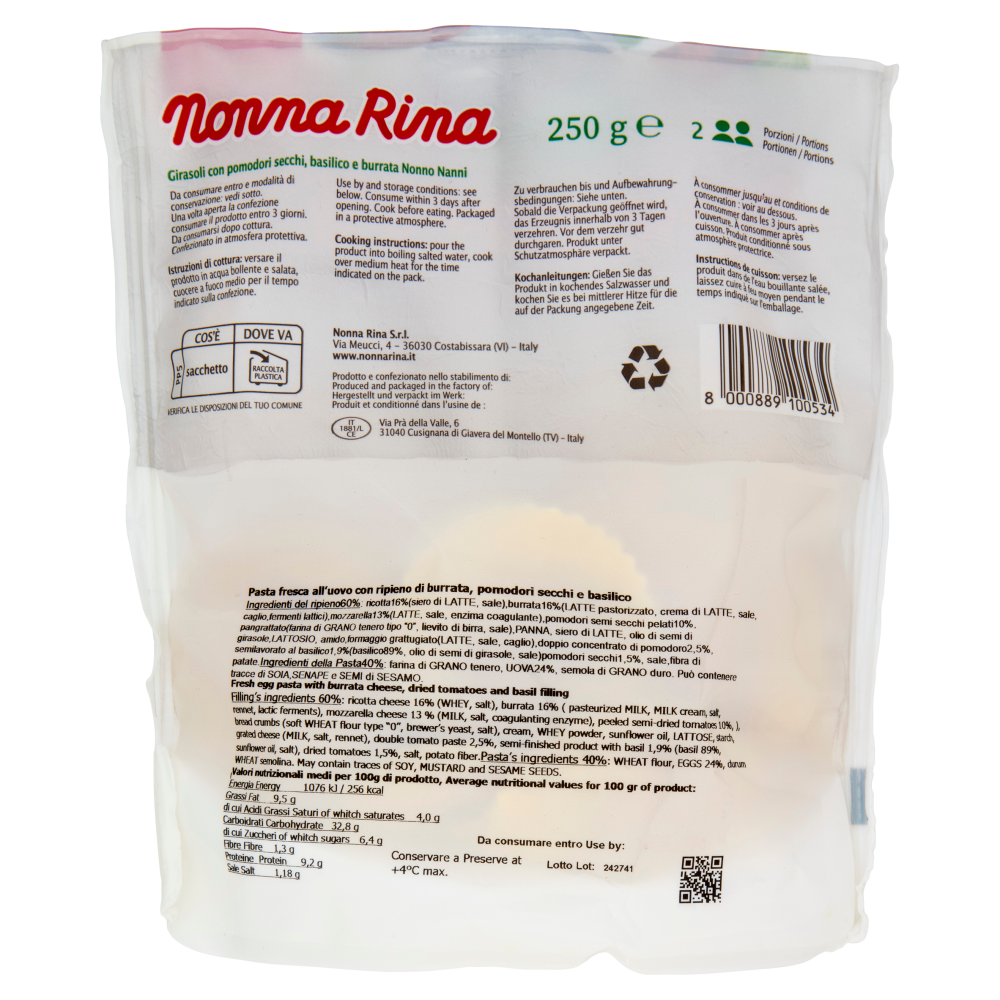 Nonna Rina Girasoli Pomodori Secchie, Basilico e Burrata Nonno Nanni 250 g