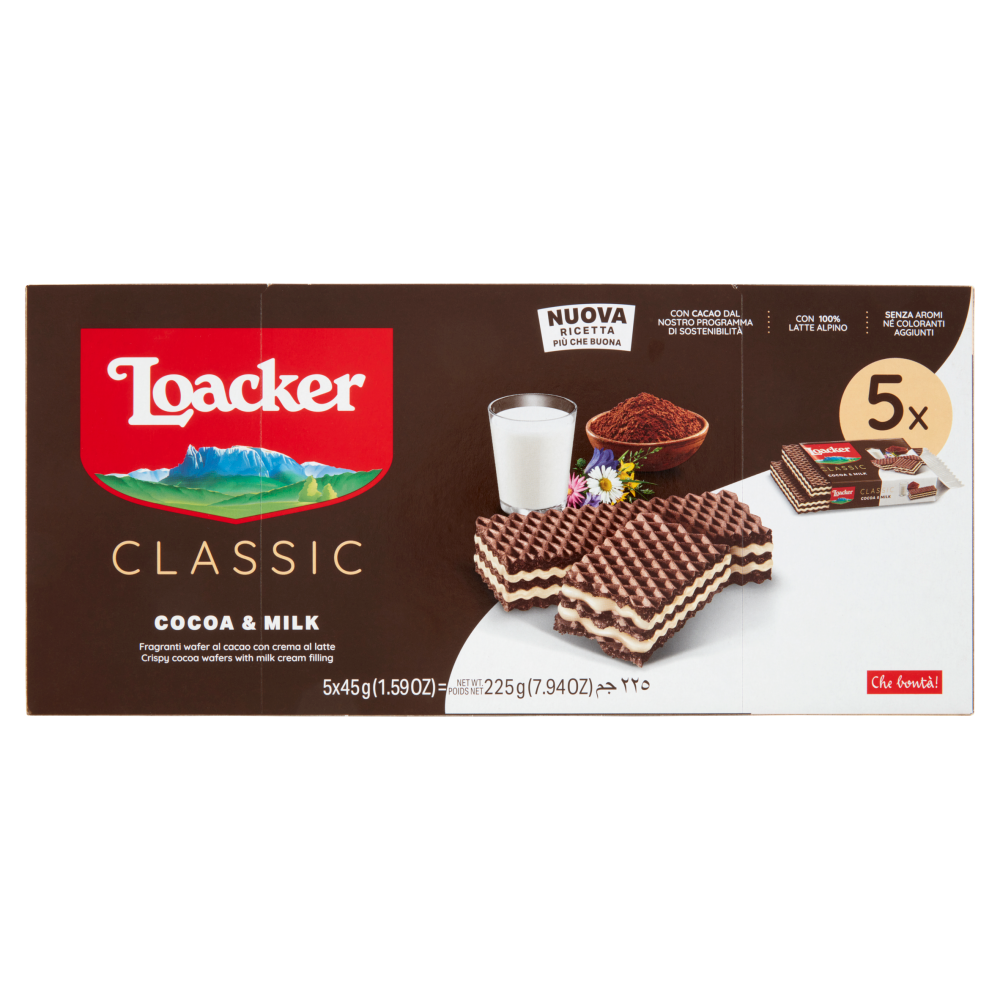 Loacker Classic Cocoa & Milk Wafer al cacao con crema al latte 100% alpino Wafers 45gx5