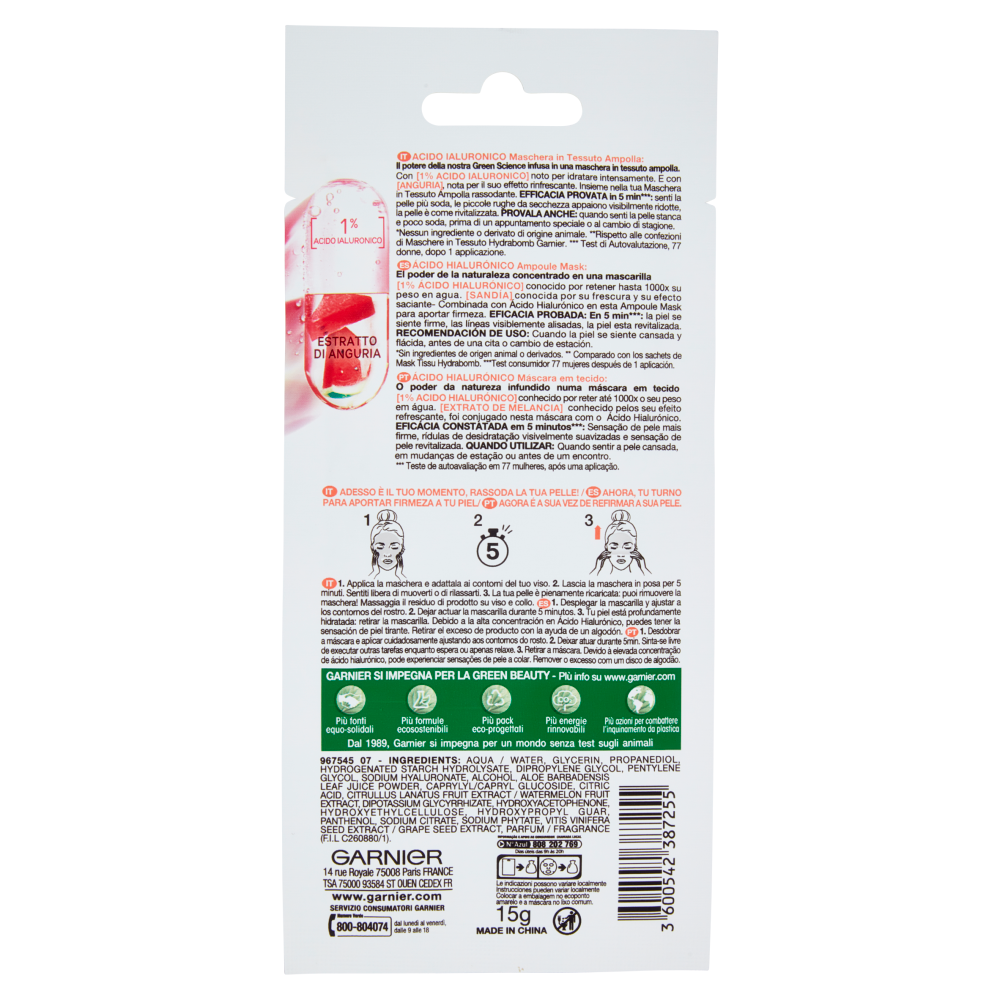 Garnier Maschera in Tessuto Ampolla, Contro i Segni dell'Et&agrave;, Estratto di Anguria e Acido Ialuronico