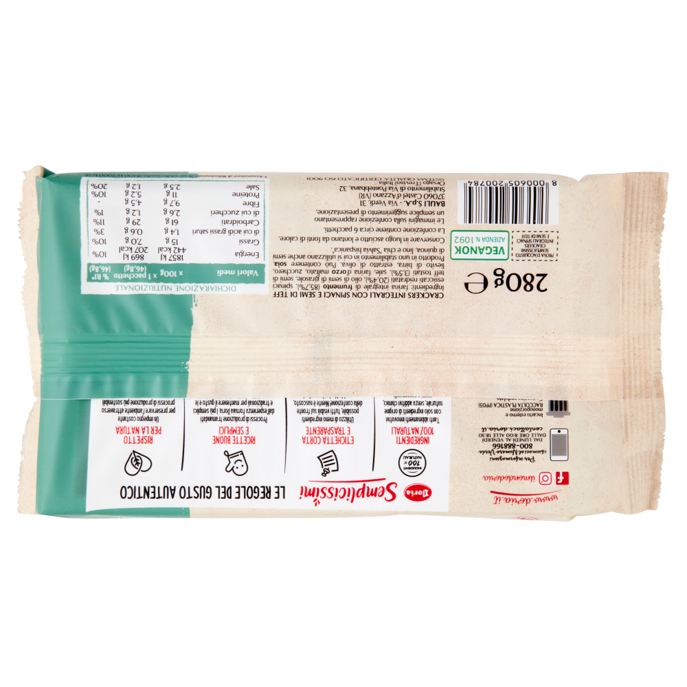 Doria Semplicissimi Crackers Spinaci e Semi di Teff Tostati - flowpack 280g