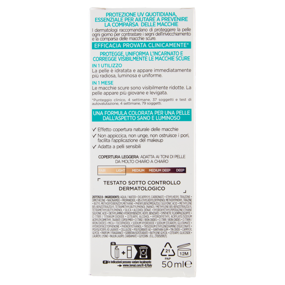 L'Oréal Paris Bright Reveal Fluido UV Illuminante Colorato SPF50 Chiaro, 50 ml