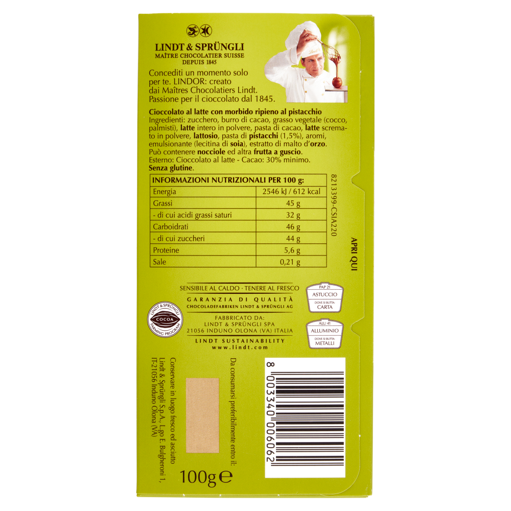 Lindt Lindor Tavoletta Cioccolato al latte Pistacchio 100g