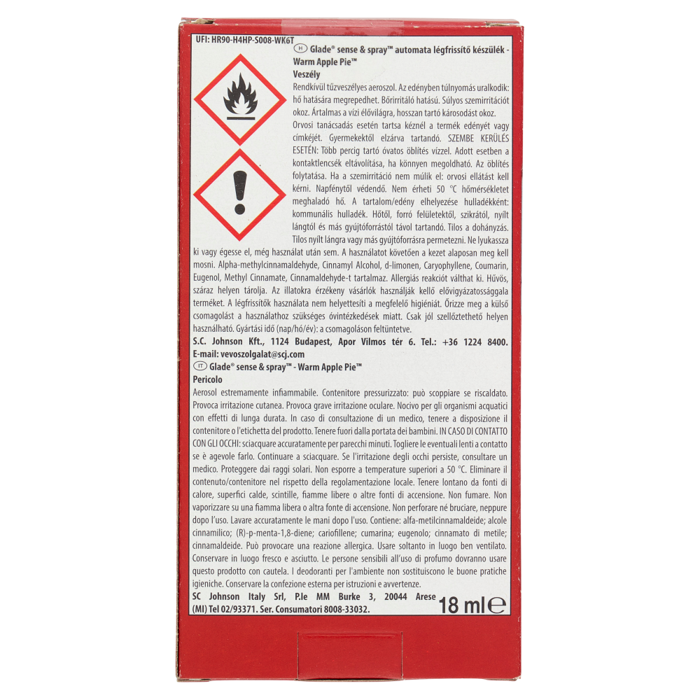 Glade Sense & Spray, Profumatore per ambienti con Sensore di Movimento Fragranza Warm Apple Pie 18ml