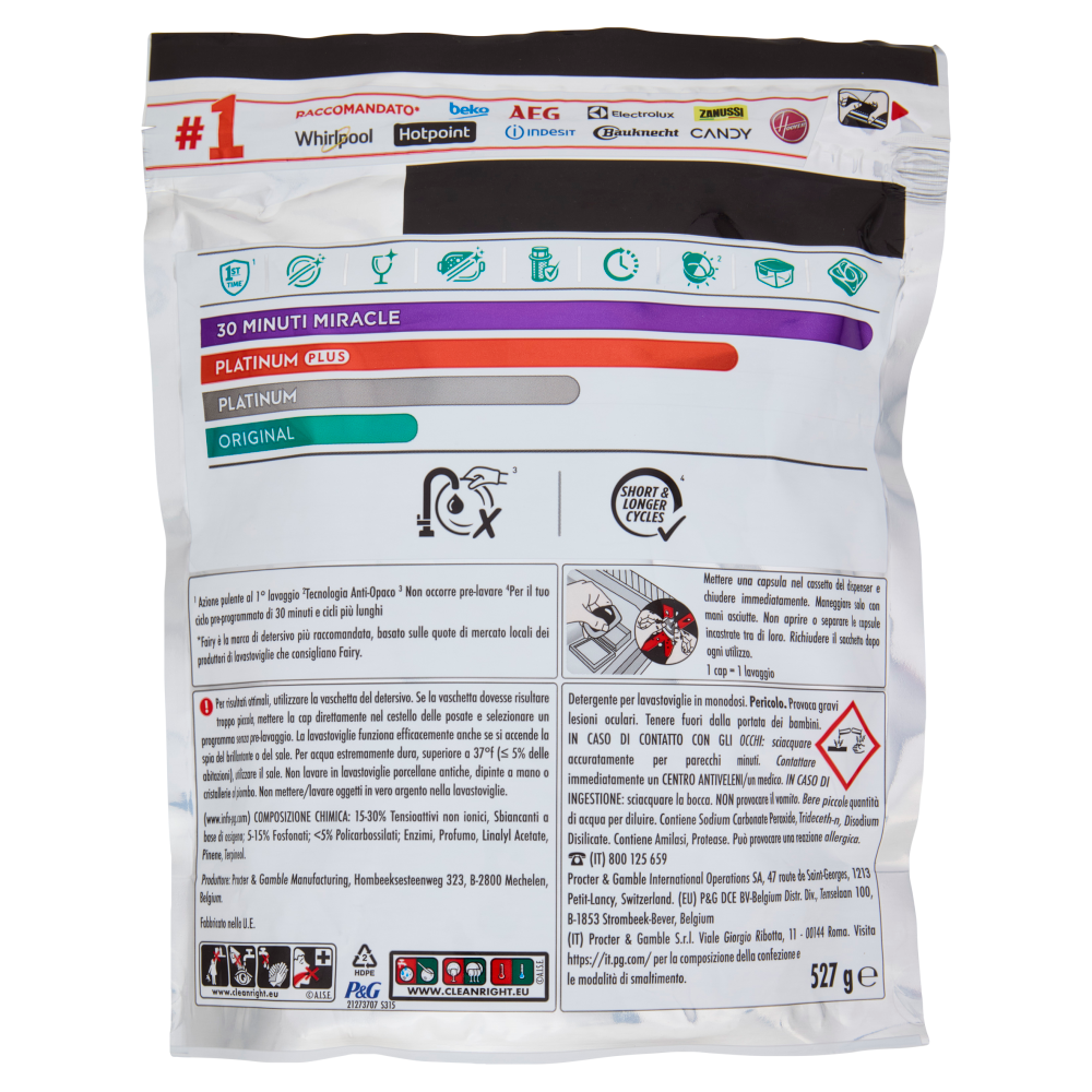 Fairy Pastiglie Lavastoviglie Platinum Plus All in One Miracle, Detersivo Piatti Limone 32 Caps 527g