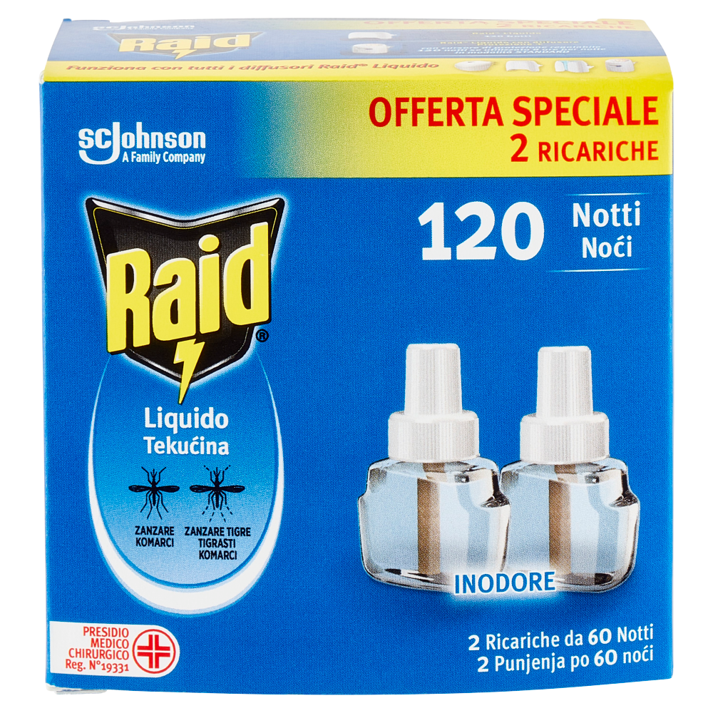 Raid Liquido Elettrico Ricarica 60 Notti, Inodore, 2 x 36 ml