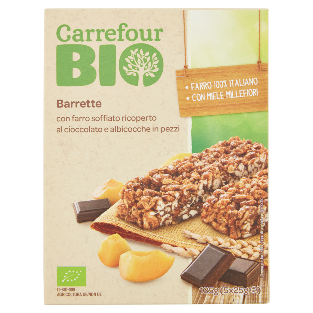 Carrefour Bio Barrette con farro soffiato ricoperto al cioccolato e albicocche in pezzi 5 x 25 g