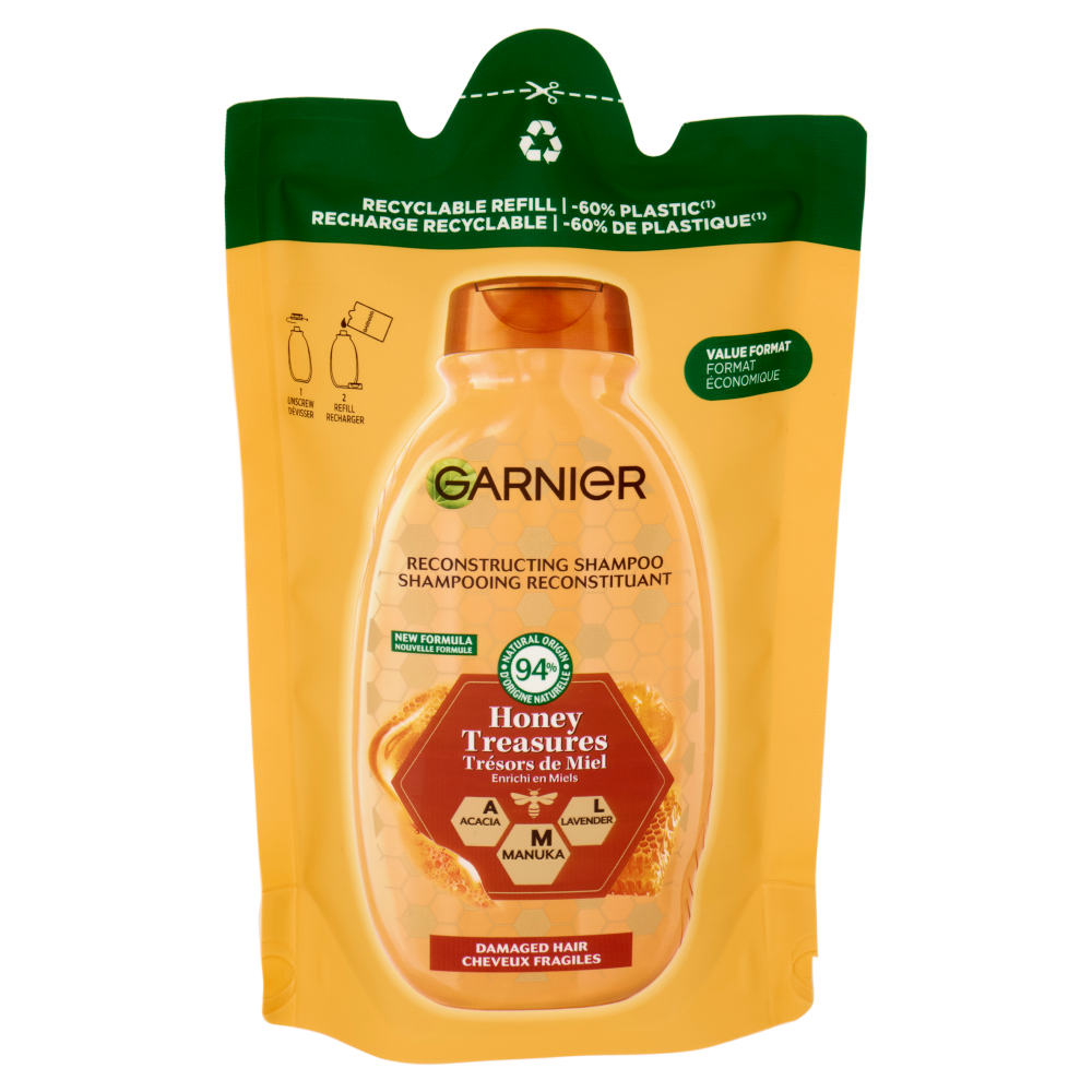 Garnier Ultra Tesori di Miele, Eco-Ricarica Shampoo Riparatore, Secchi Deboli e Danneggiati, 250ml