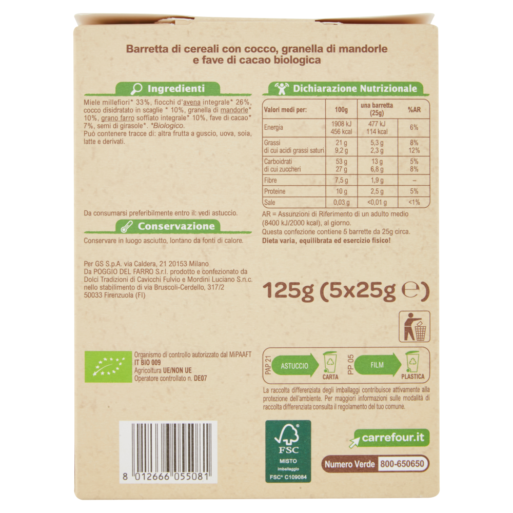 Carrefour Bio Barrette di cereali con cocco, granella di mandorle e fave di cacao 5 x 25 g