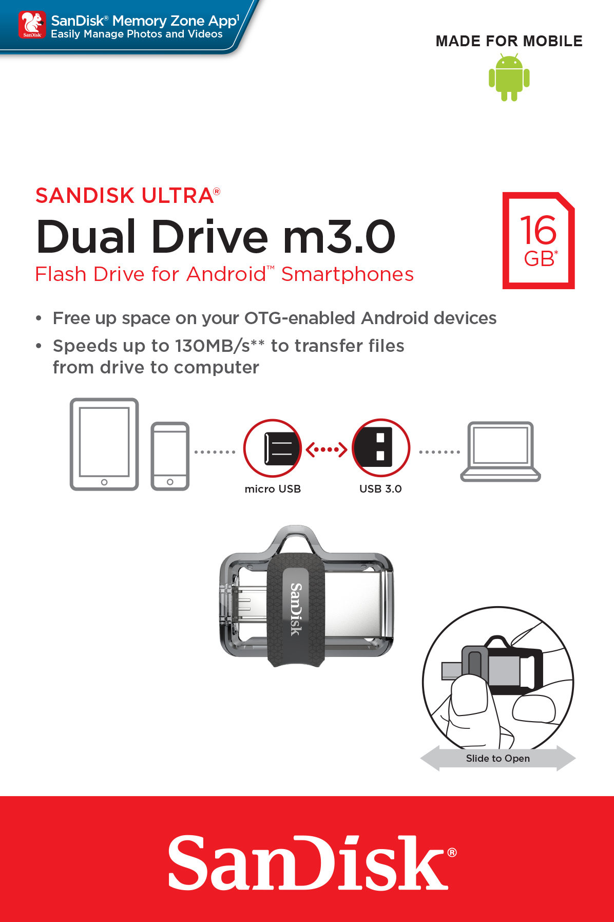 SanDisk Ultra Dual m3.0 unit&agrave; flash USB 16 GB USB Type-A / Micro-USB 3.2 Gen 1 (3.1 Gen 1) Nero, Argento, Trasparente
