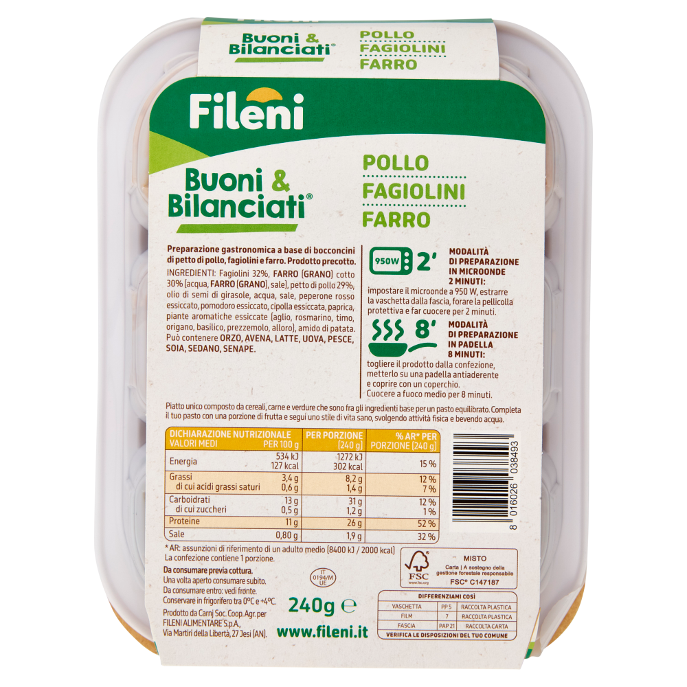 Fileni Buoni & Bilanciati Pollo alla Mediterranea, Fagiolini, Farro 240 g