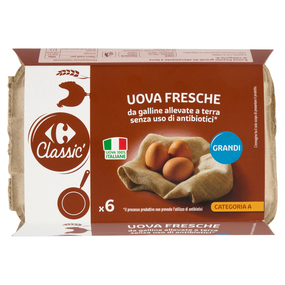 Carrefour Classic Uova Fresche da galline allevate a terra senza uso di antibiotici* Grandi x6