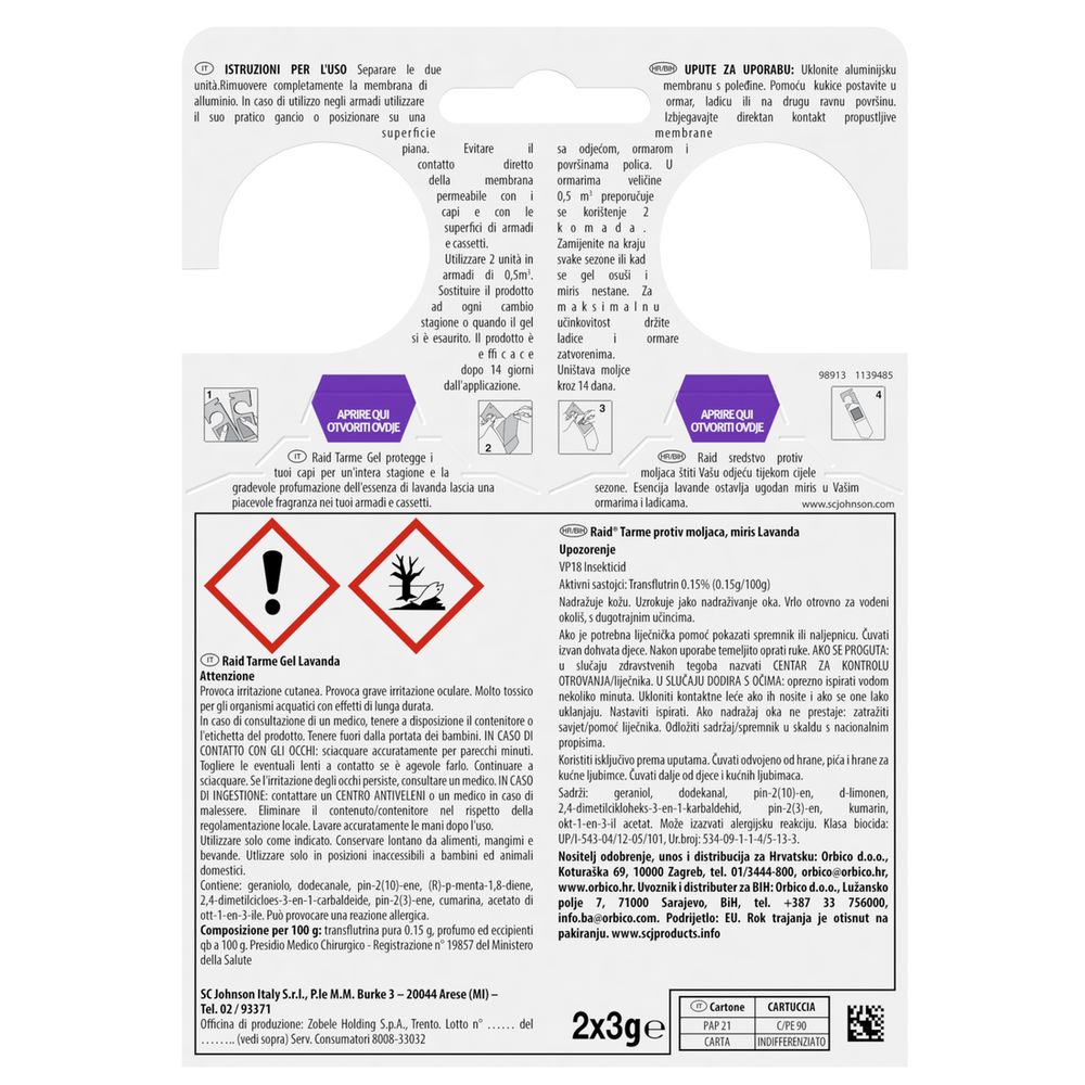 Raid Anti Tarme Gel Vestiti, Per Capi Piacevolmente Profumati, Fragranza alla Lavanda, 2 Pezzi