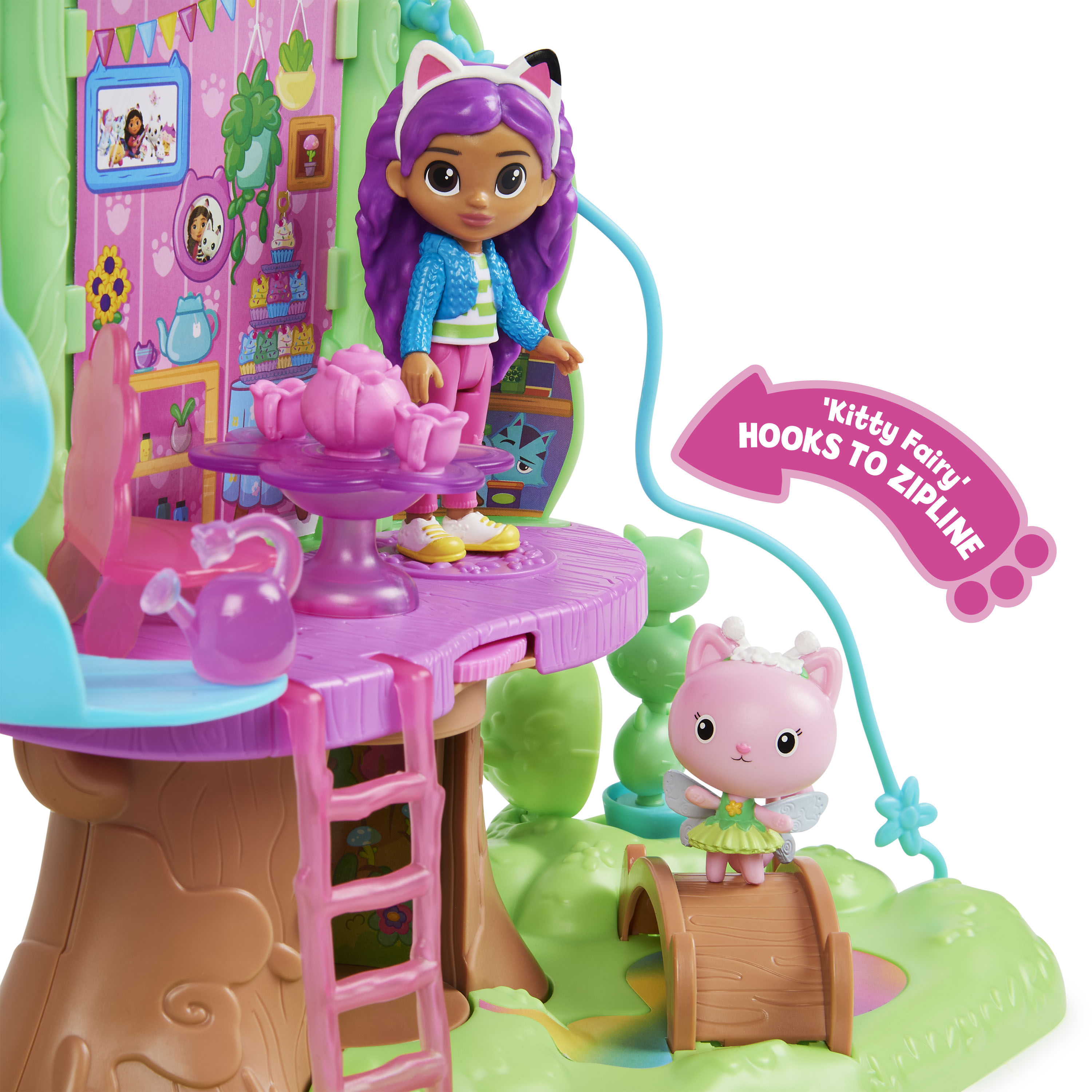 Gabby's Dollhouse , set di gioco trasformabile Garden Treehouse con luci, 2 personaggi, 5 accessori, 1 scatola con sorpresa, 3 mobili, giocattoli per bambini dai 3 anni in su