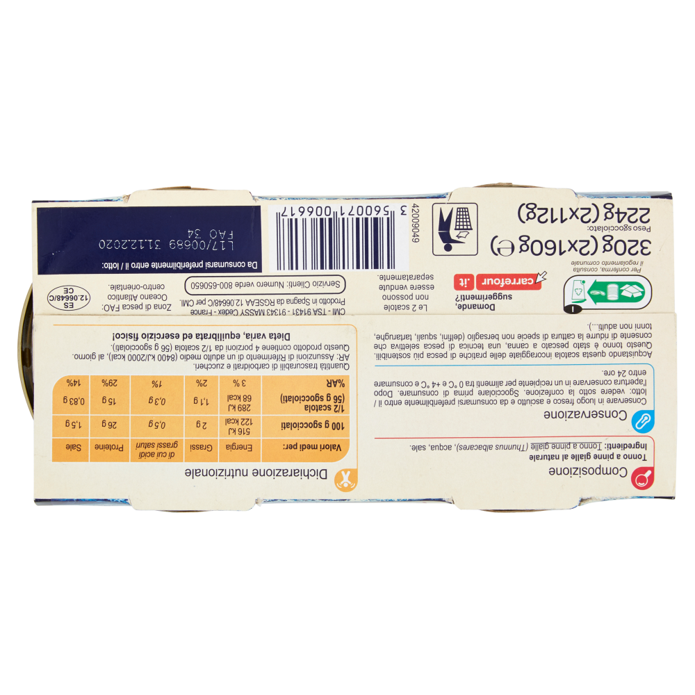 Carrefour Tonno a Pinne Gialle al Naturale pescato a canna 2 x 160 g