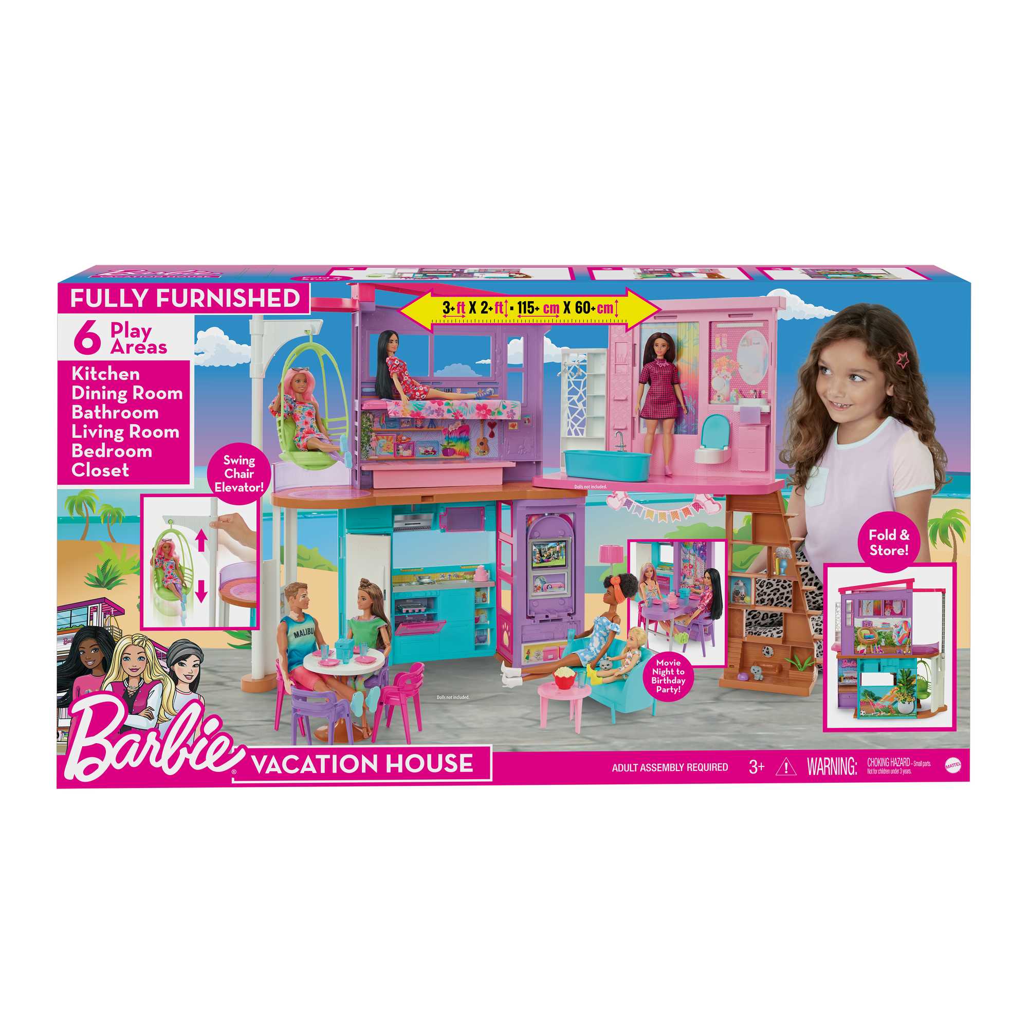 Barbie Casa di Malibu (106 cm) playset casa delle bambole con 2 piani, 6 stanze, ascensore altalena e più di 30 pezzi, Giocattolo per Bambini 3+ Anni