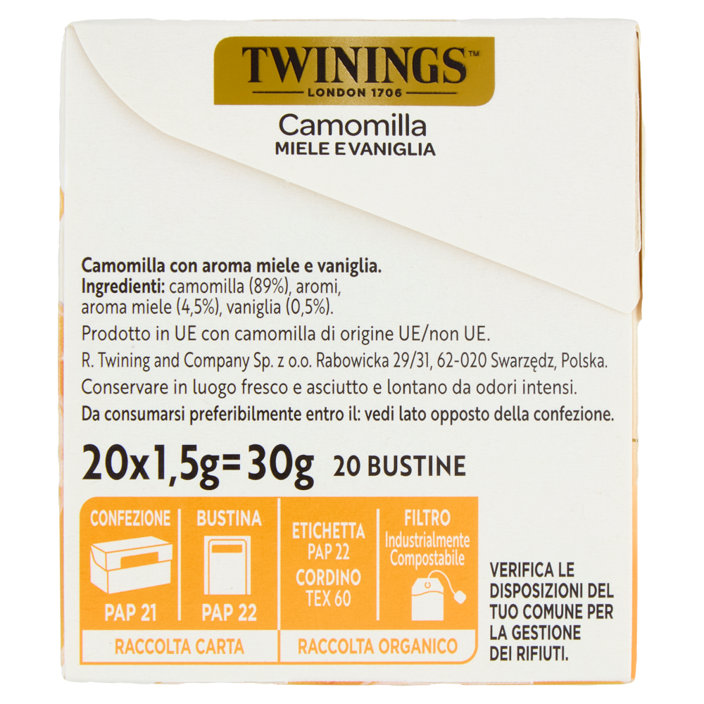 Twinings Camomilla Aromatizzata Miele e Vaniglia 20 filtri 30 g