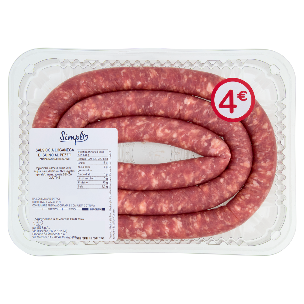 Simpl Salsiccia Luganega di Suino al Pezzo 0,525 kg