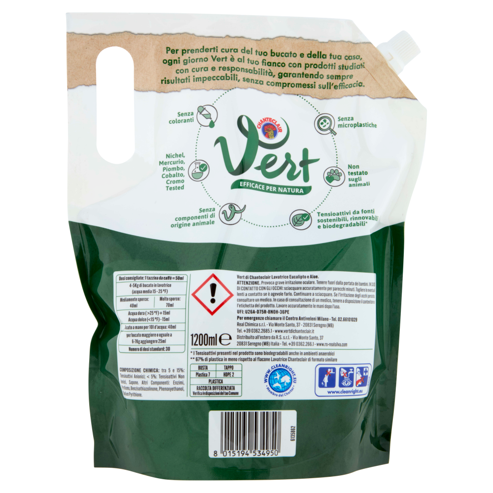 Vert di Chanteclair Ecodetergente Lavatrice Eucalipto e Aloe 1200 ml
