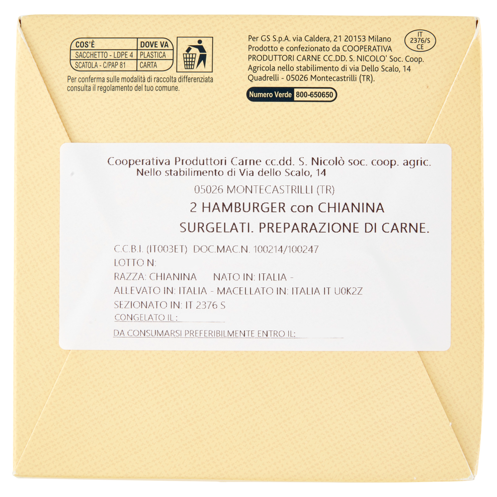 Terre d'Italia Hamburger 100% carne italiana di razza chianina pregiata Surgelati 2 x 150 g