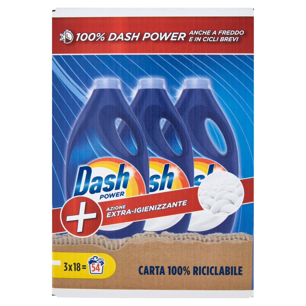 Dash Power Detersivo Liquido Lavatrice, Azione Extra-Igienizzante, 3x18  Lavaggi=54 Lavaggi 3x900ml