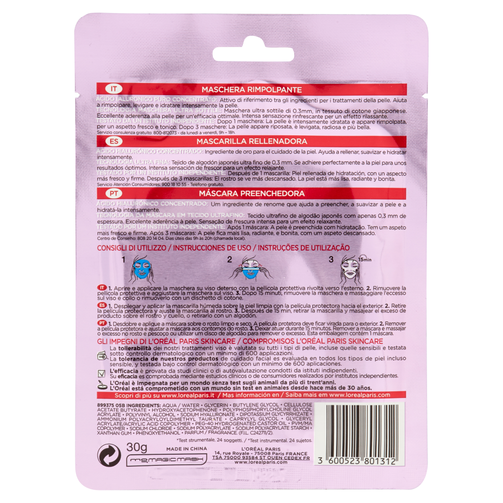 L'Oréal Paris Maschera in tessuto Revitalift Filler rimpolpanti anti-età con Acido Ialuronico