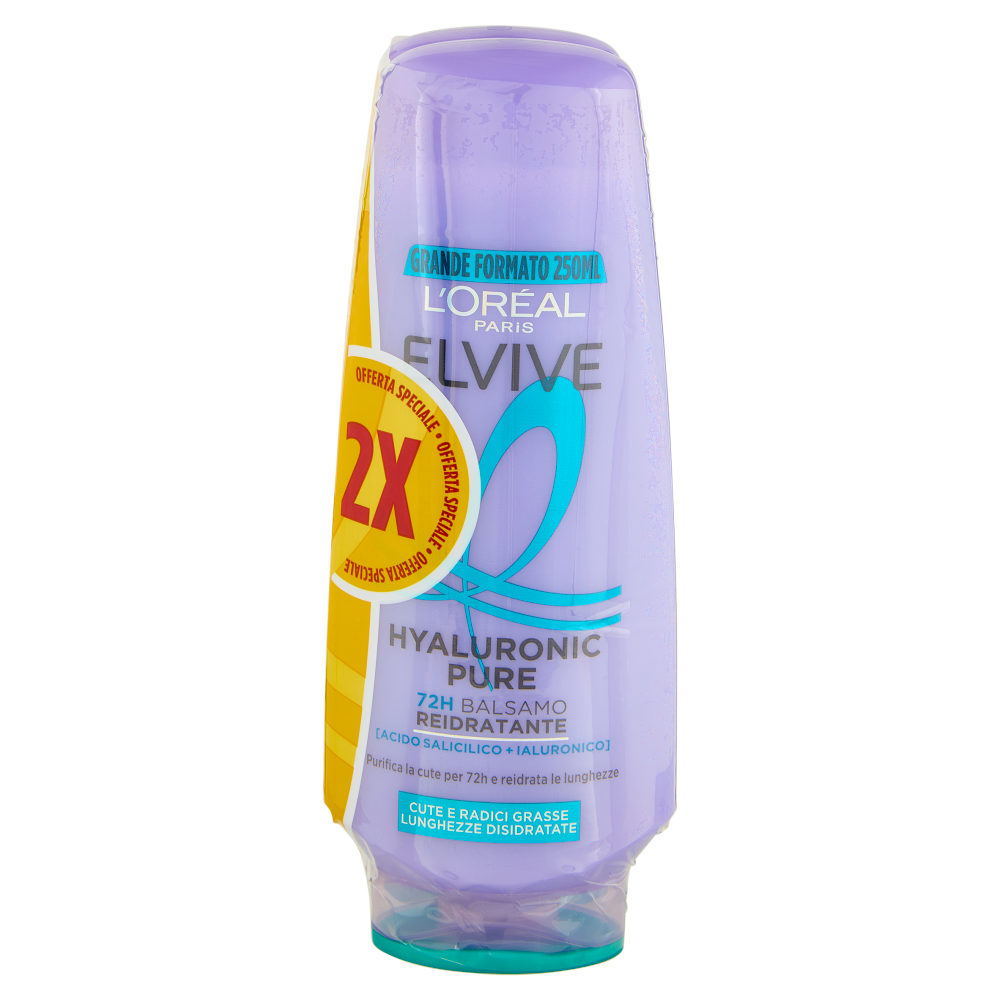 Elvive Hyaluronic Pure 72H Balsamo Reidratante, per Cute e Radici Grasse, 2 x 250 ml
