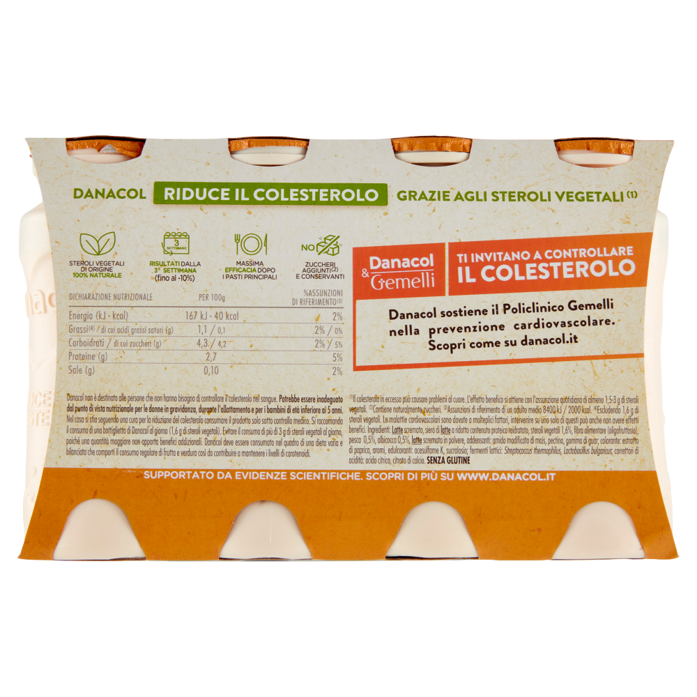 DANACOL Yogurt da bere, Riduce il Colesterolo grazie agli Steroli Vegetali, Pesca Albicocca, 8x100g
